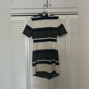 Green/White/Black Striped Business Casual/Professional Mock Neck Dress - Size L